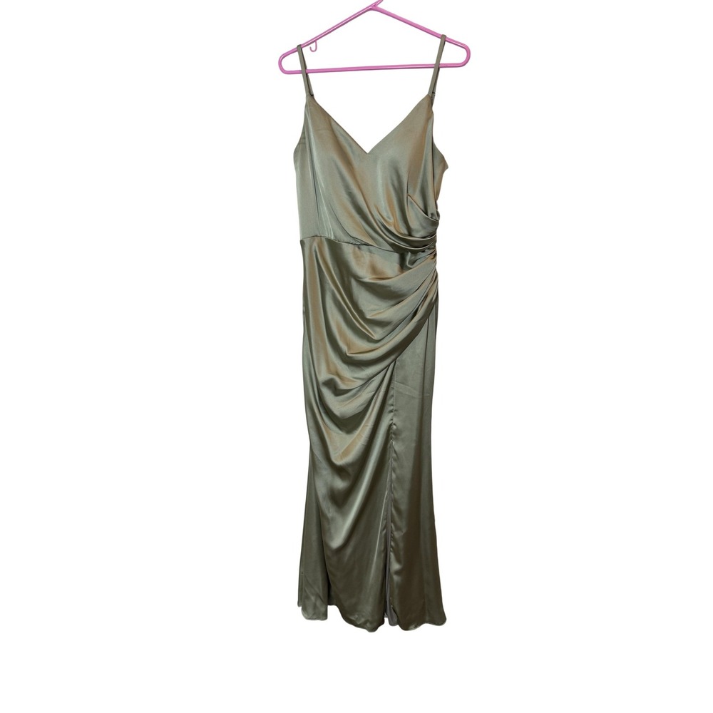 Revelry Dress Womens 12 Sage Green Satin‎ Maxi Ruched Formal Bridesmaid Gown